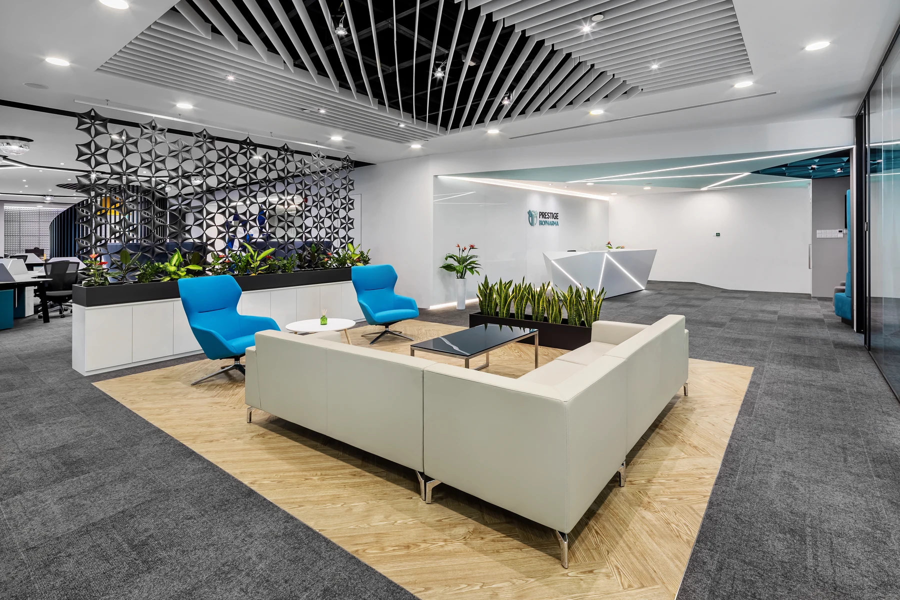 Commercial lounge with acoustic ceiling and feature wall installation